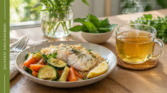 Repas léger et tisane digestive pour mieux digérer naturellement après le repas - Herboristerie Sensathé Repas léger et tisane digestive pour mieux digérer naturellement après le repas - Herboristerie Sensathé